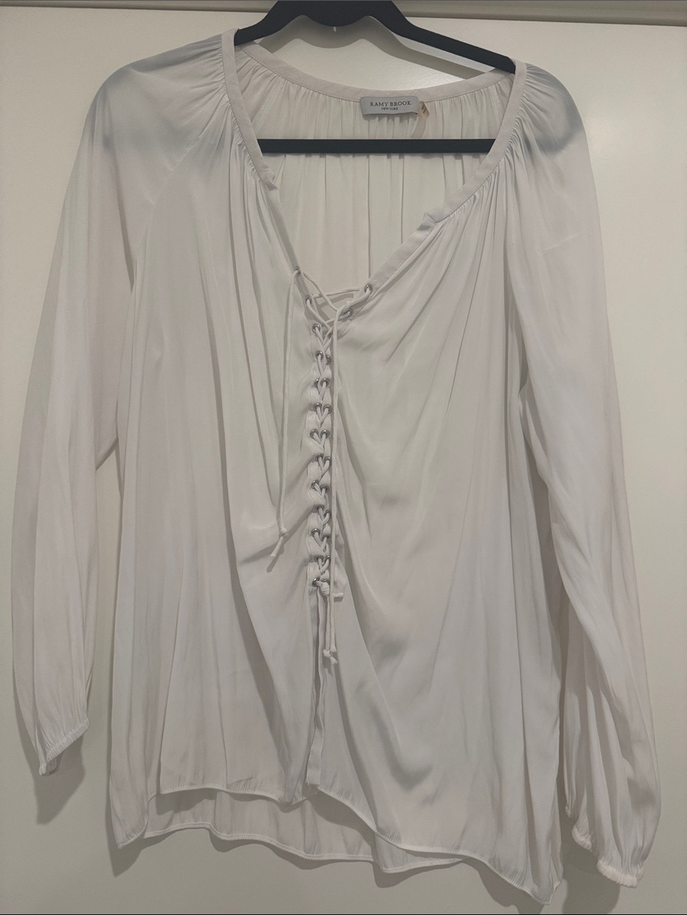 Ramy Brook White Lace-Up Peasant Blouse Large